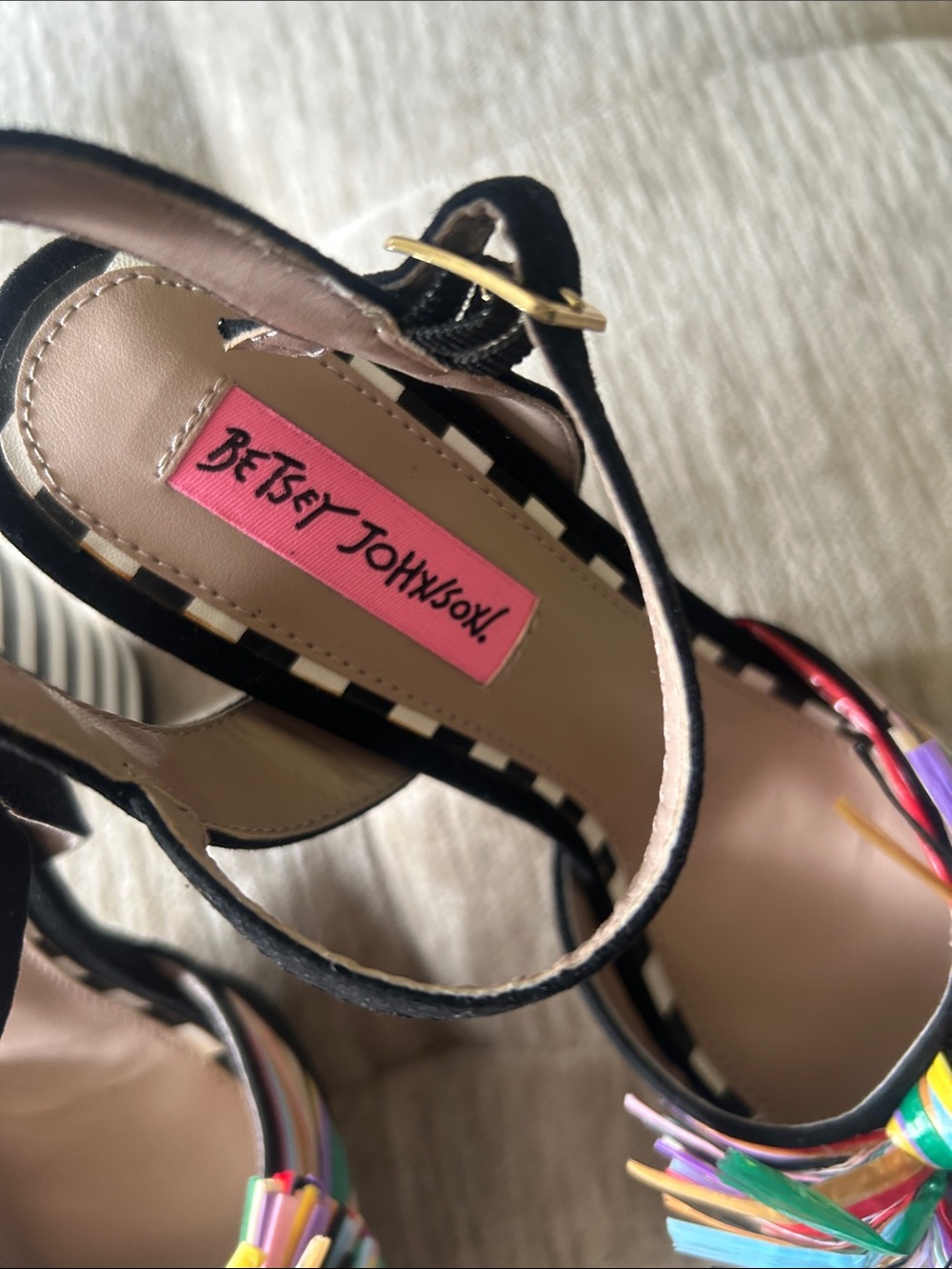 Betsey Johnson Black Platform Sandals with Multicolor Pom-Pom - Picture 3 of 7